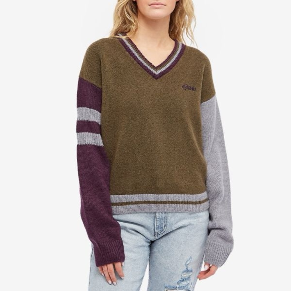 Danielle Guizio Green and Purple Varsity V Neck Sweater